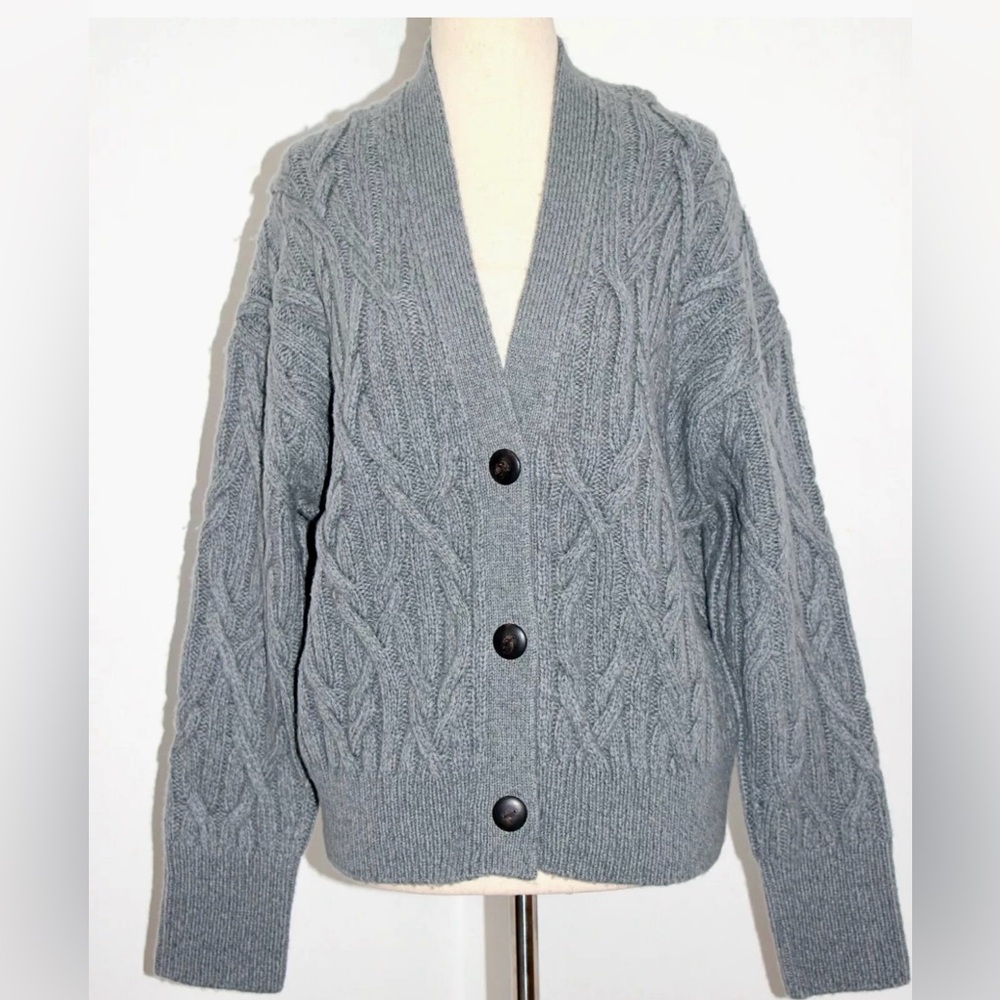 Vince Womens Wool Cashmere V-neck Cardigan Sweater Sz S Gray Boxy Cable Knit